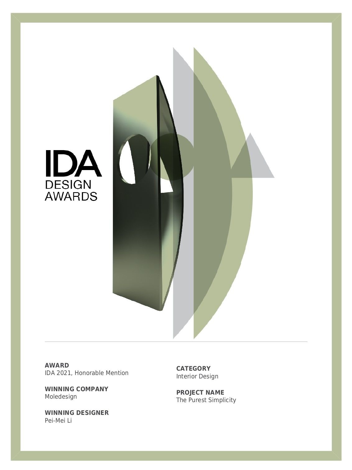 2021美國International Design Awards（IDA)分子設計The Purest Simplicity